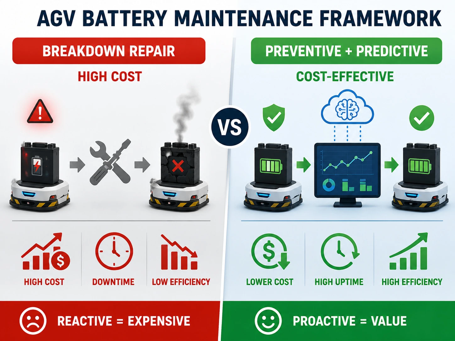 AGV battery maintenance framework contrasting high cost breakdown repair versus cost-effective structured preventive and predictive strategies AGV battery maintenance framework contrasting high cost breakdown repair versus cost-effective structured preventive and predictive strategies